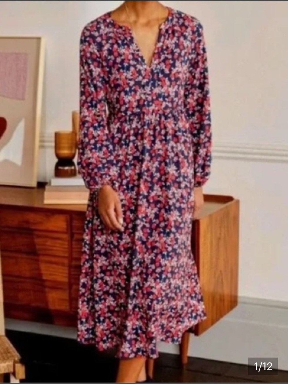 Boden Navy Floral Jersey Midi Dress with Pink & White Blossoms - Size 14R